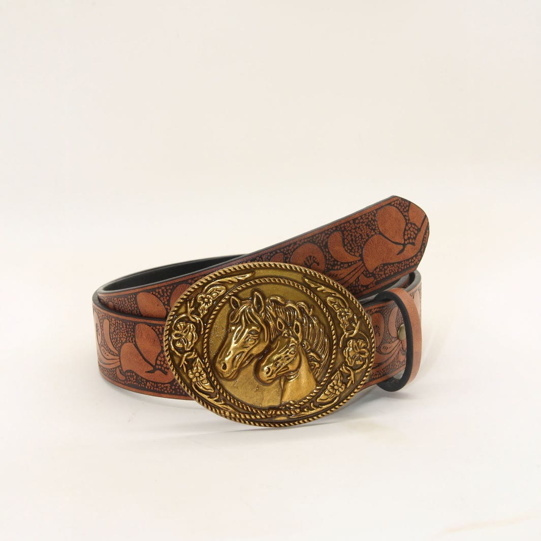 Men's Western Style Double Horsehead Buckle Embossed Leather Belt - Style #1 - 38 - image 0