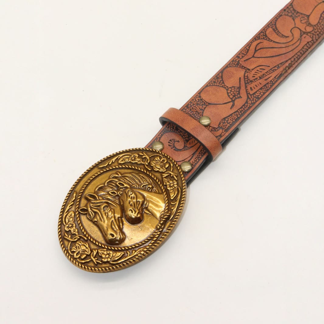 Men's Western Style Double Horsehead Buckle Embossed Leather Belt - image 1