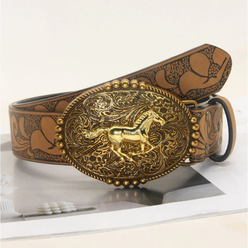 Men's Western Style Double Horsehead Buckle Embossed Leather Belt - Style #4 - 38 - image 6