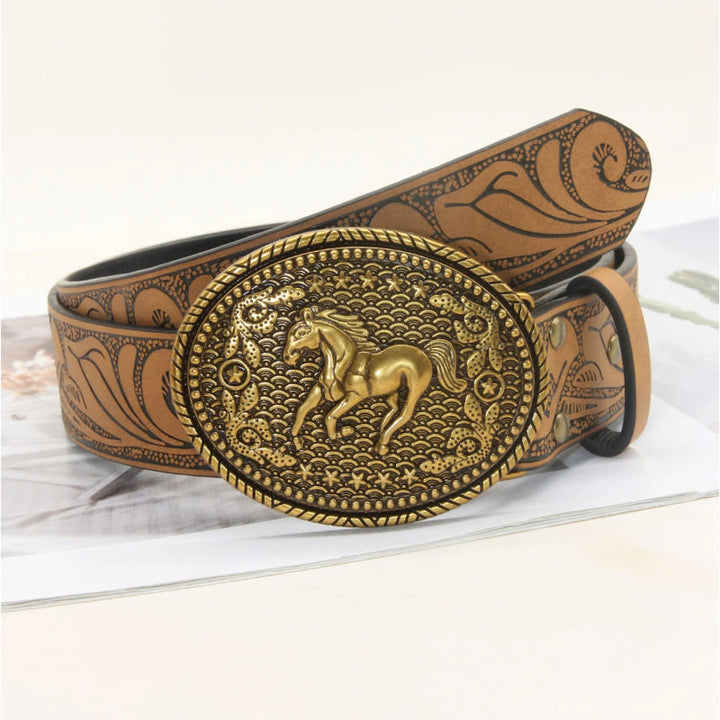 Men's Western Style Double Horsehead Buckle Embossed Leather Belt - Style #3 - 38 - image 5