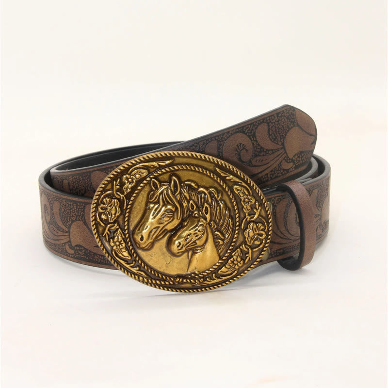 Men's Western Style Double Horsehead Buckle Embossed Leather Belt - Style #2 - 38 - image 4