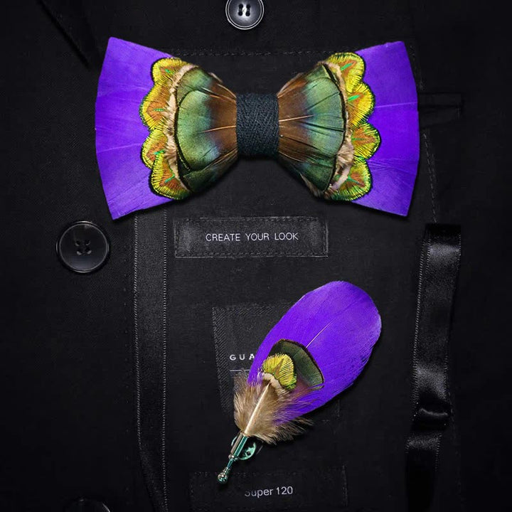 Purple & Green Royal Feather Bow Tie with Lapel Pin - Purple & Green - Adult - image 0