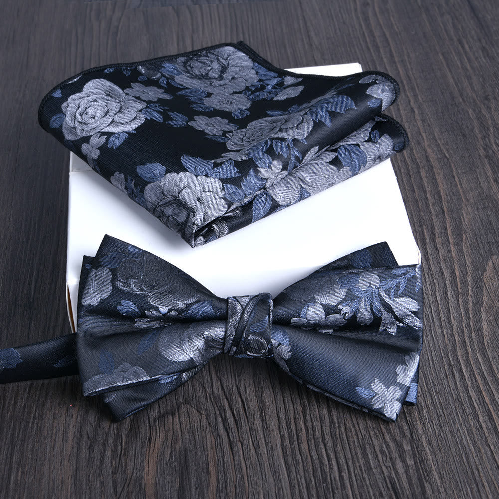 2pcs Men's Floral Pattern Lustrous Fabric Bowtie Pocket Square Set - Style #2 - image 1