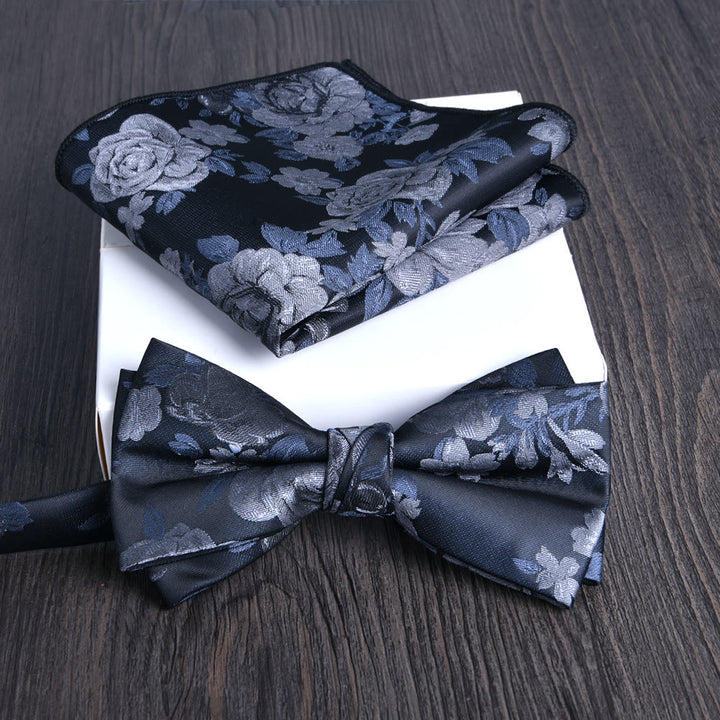2pcs Men's Floral Pattern Lustrous Fabric Bowtie Pocket Square Set - Style #2 - image 1
