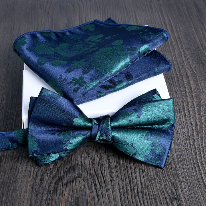 2pcs Men's Floral Pattern Lustrous Fabric Bowtie Pocket Square Set - Style #3 - image 2