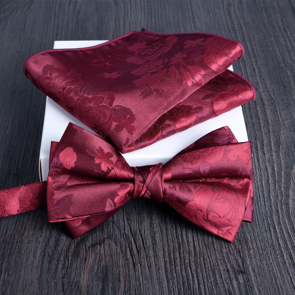 2pcs Men's Floral Pattern Lustrous Fabric Bowtie Pocket Square Set - Style #1 - image 0