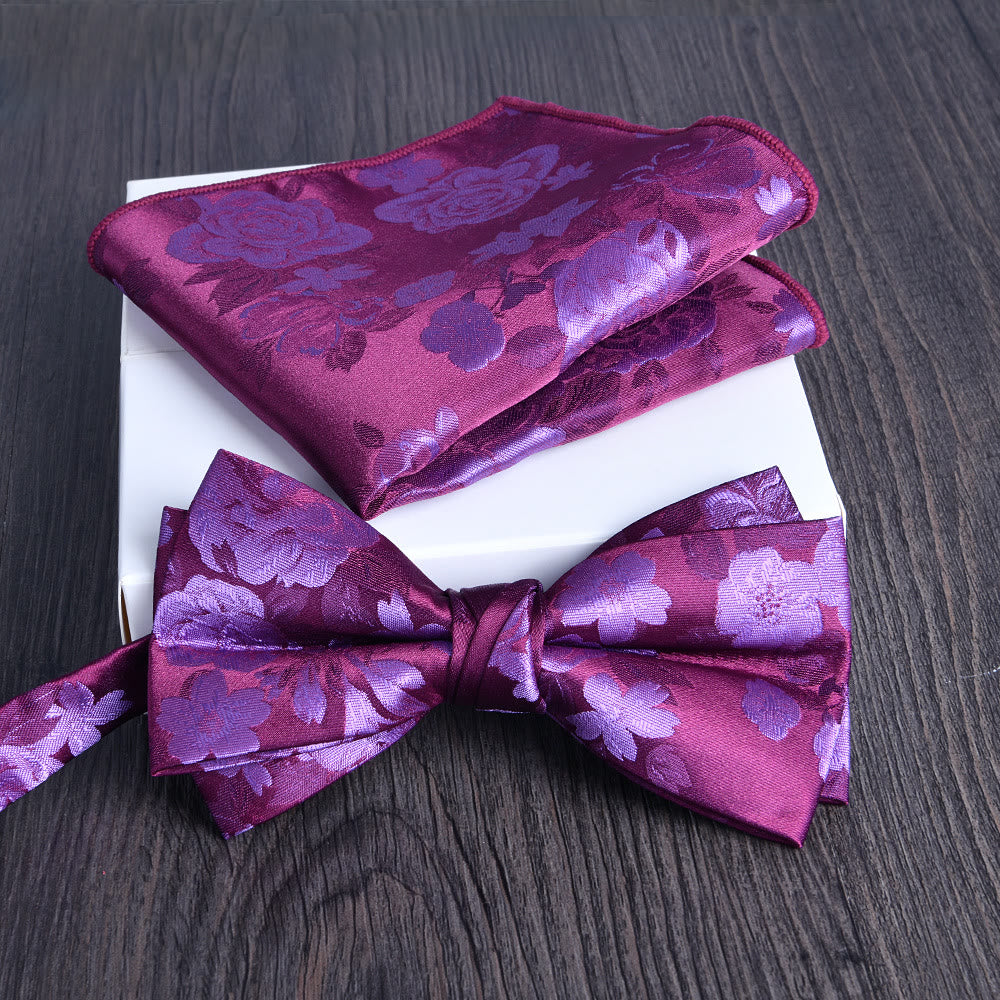2pcs Men's Floral Pattern Lustrous Fabric Bowtie Pocket Square Set - Style #5 - image 4