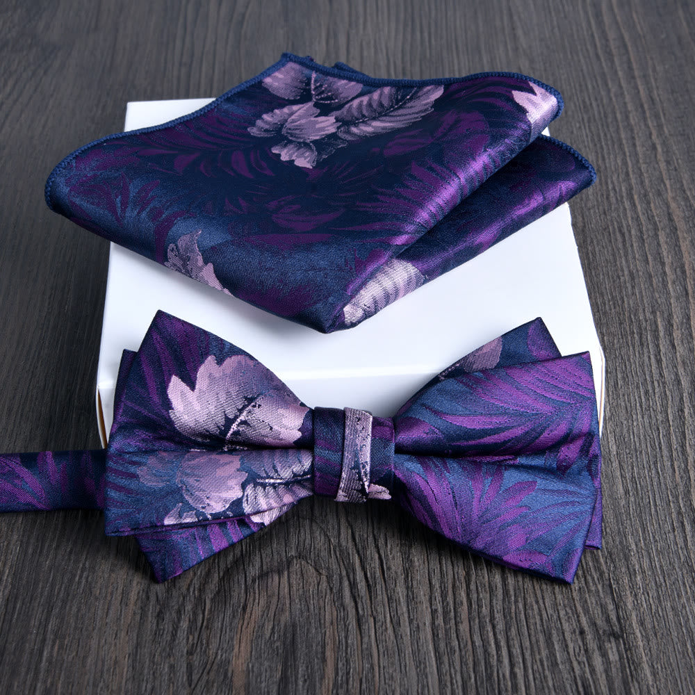 2pcs Men's Floral Pattern Lustrous Fabric Bowtie Pocket Square Set - Style #13 - image 12