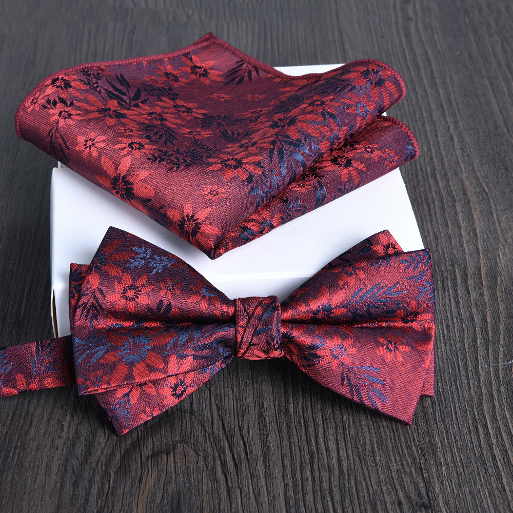 2pcs Men's Floral Pattern Lustrous Fabric Bowtie Pocket Square Set - Style #22 - image 21