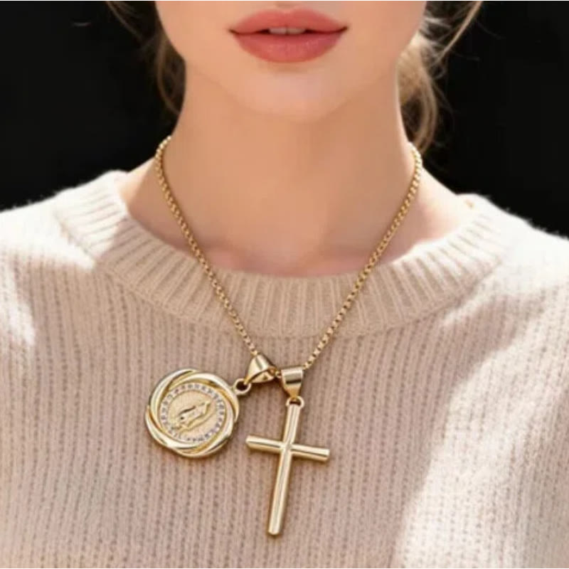 Lustrous Gold-Tone Metal Seal & Cross Dual-Pendant Necklace - image 1