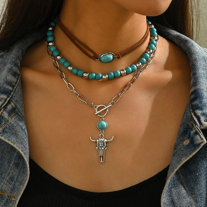 Turquoise Bead With Silver Cow Skull Pendant Western Style Necklace - image 1