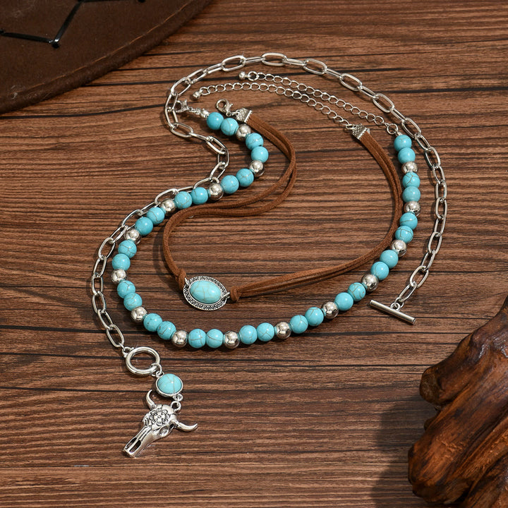 Turquoise Bead With Silver Cow Skull Pendant Western Style Necklace - image 2