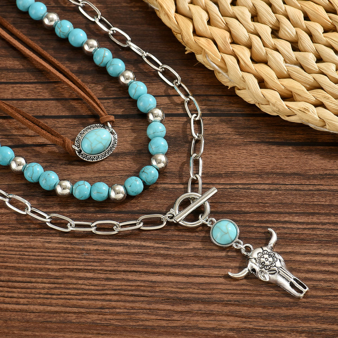 Turquoise Bead With Silver Cow Skull Pendant Western Style Necklace - image 3