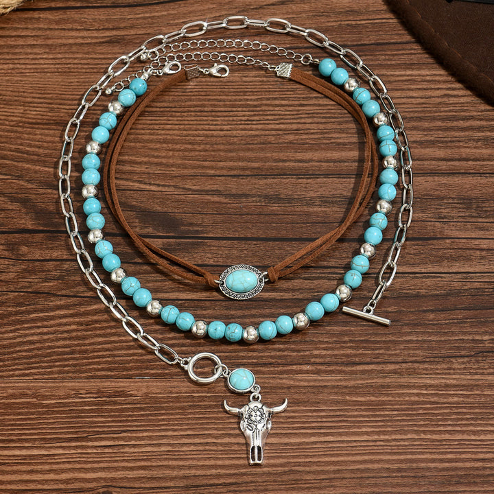 Turquoise Bead With Silver Cow Skull Pendant Western Style Necklace - Blue - image 0