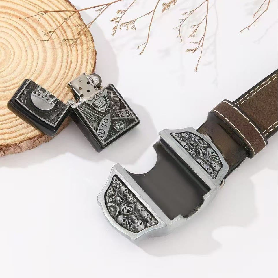 Men's Skull Head Leather Belt With Hidden Lighter - image 1