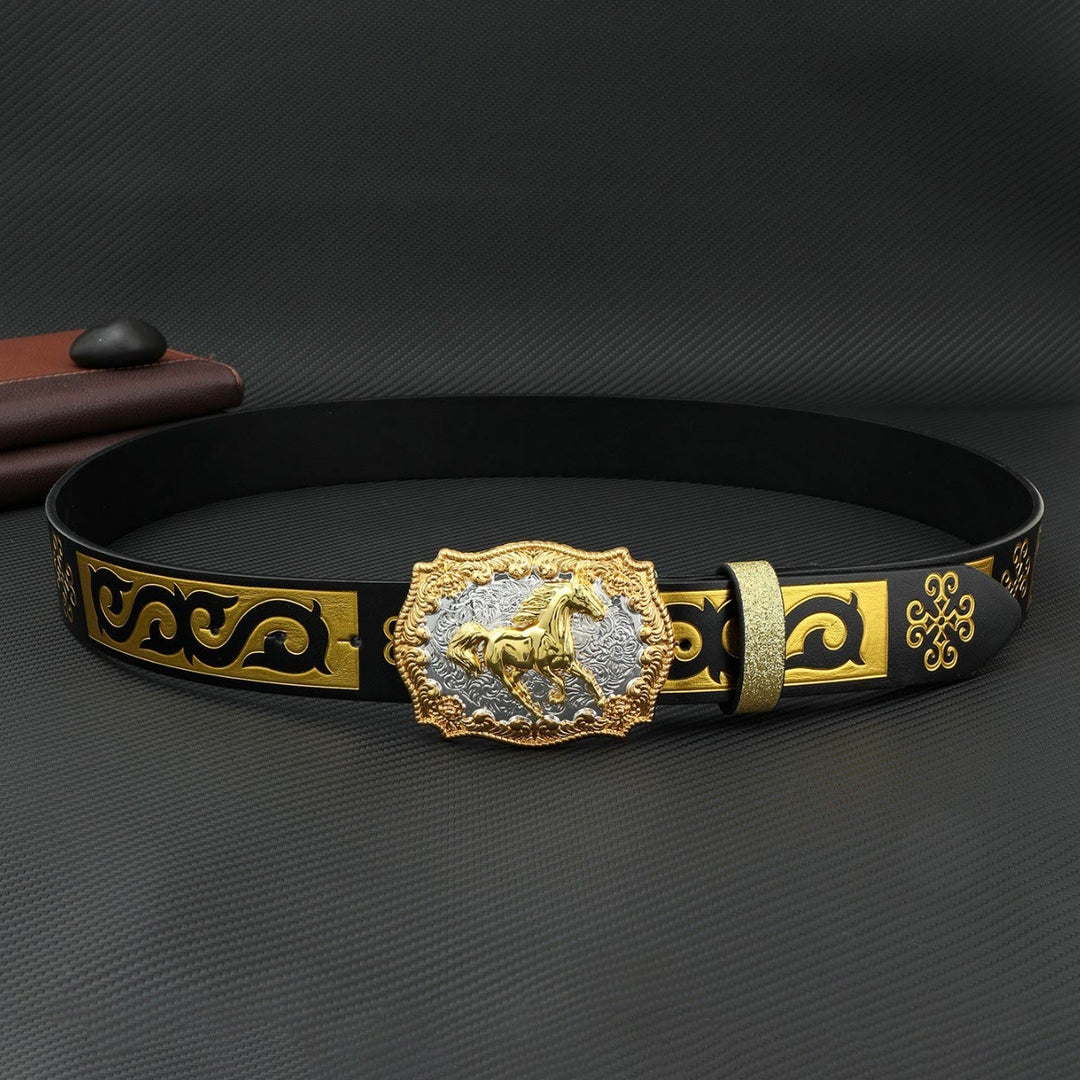 Men's Golden Horse Carving Buckle Black & Gold Embossed Belt - image 2