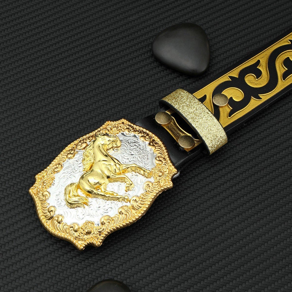Men's Golden Horse Carving Buckle Black & Gold Embossed Belt - image 1