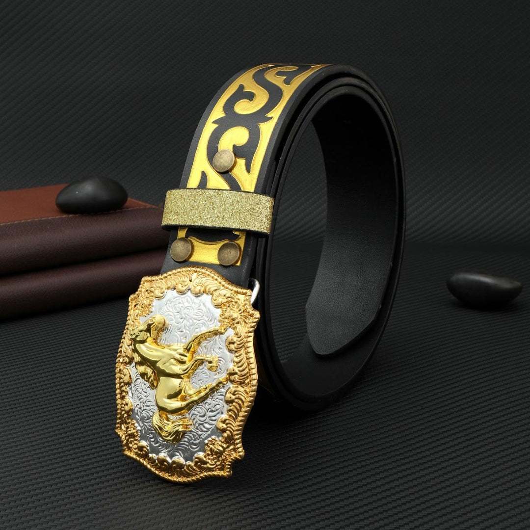 Men's Golden Horse Carving Buckle Black & Gold Embossed Belt - image 3