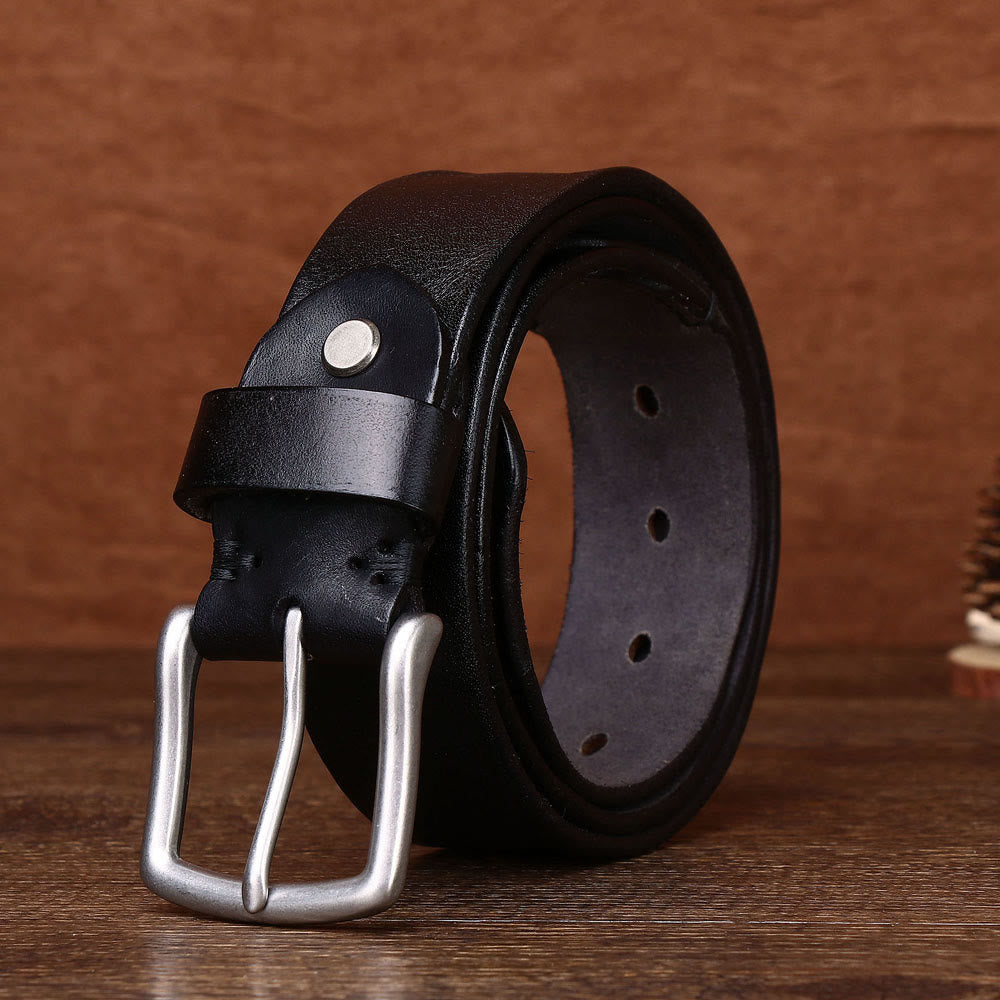 Men's Retro Silver Pin Buckle Leather Belt - Black - 44 - image 4