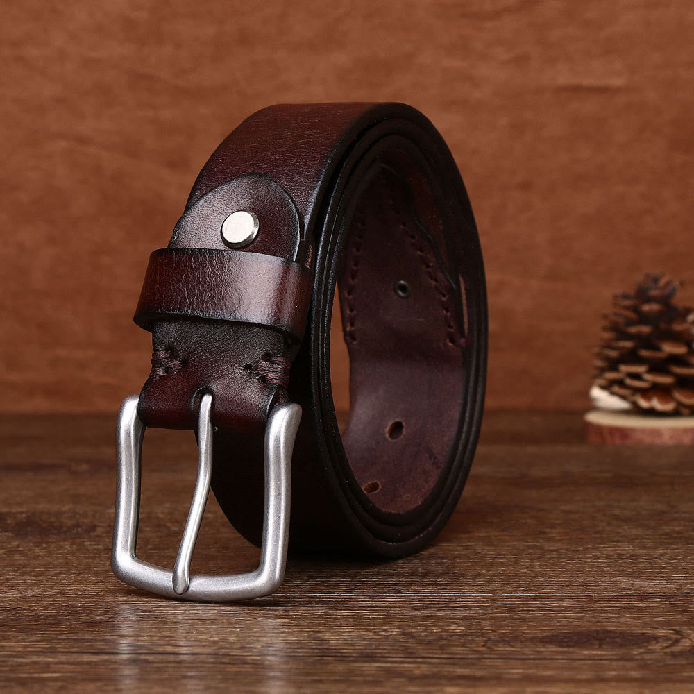 Men's Retro Silver Pin Buckle Leather Belt - Coffee - 44 - image 1
