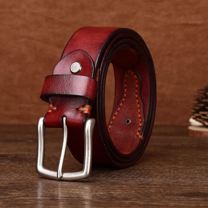 Men's Retro Silver Pin Buckle Leather Belt - Wine - 44 - image 6