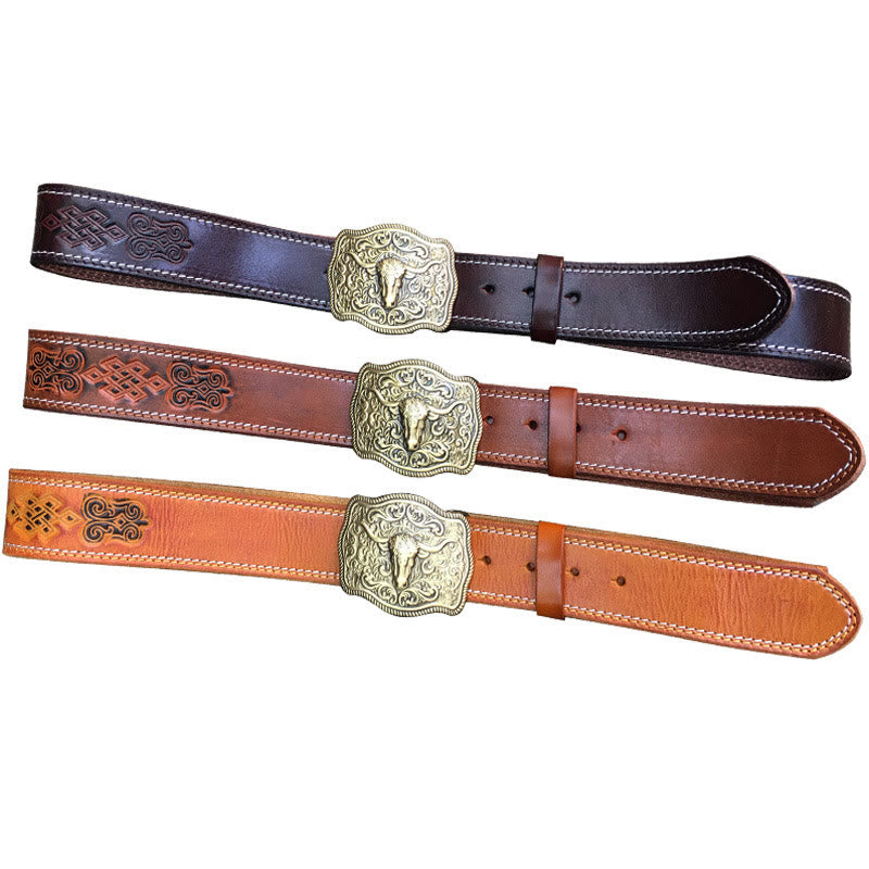 Men's Western Style Copper Bullhead Buckle Embossed Leather Belt - image 0