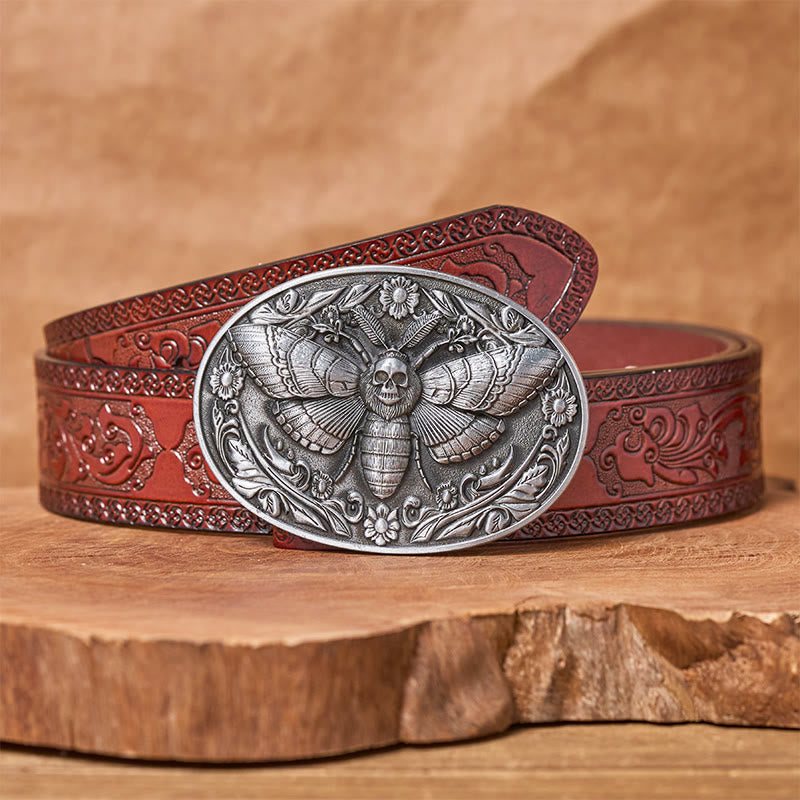Dark Elegance Skull-Headed Moth Buckle Leather Belt - Silver - Brown Carved Belt - 42 - image 14