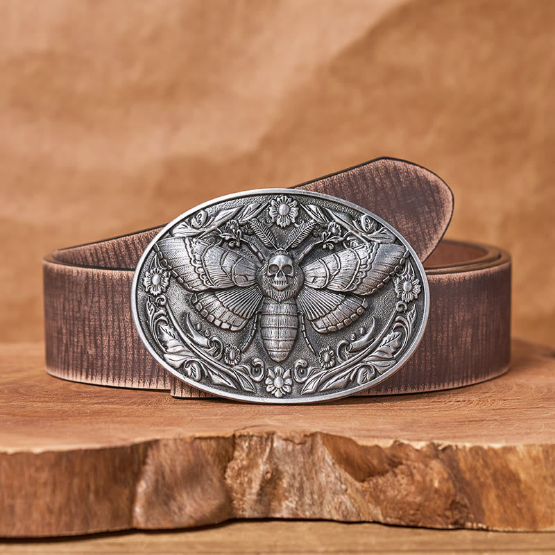 Dark Elegance Skull-Headed Moth Buckle Leather Belt - Silver - Brown Distressed Belt - 42 - image 13