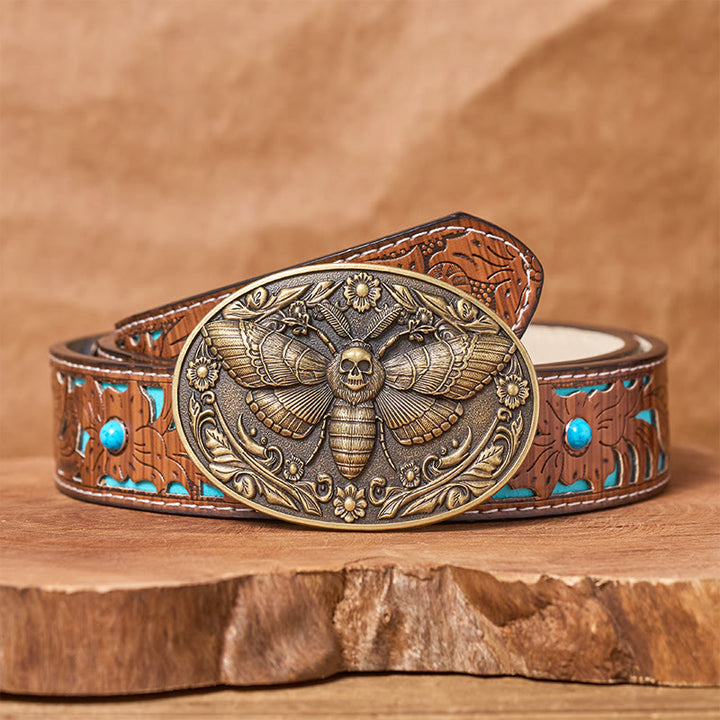 Dark Elegance Skull-Headed Moth Buckle Leather Belt - Bronze - Turquoise Carved Belt - 42 - image 3