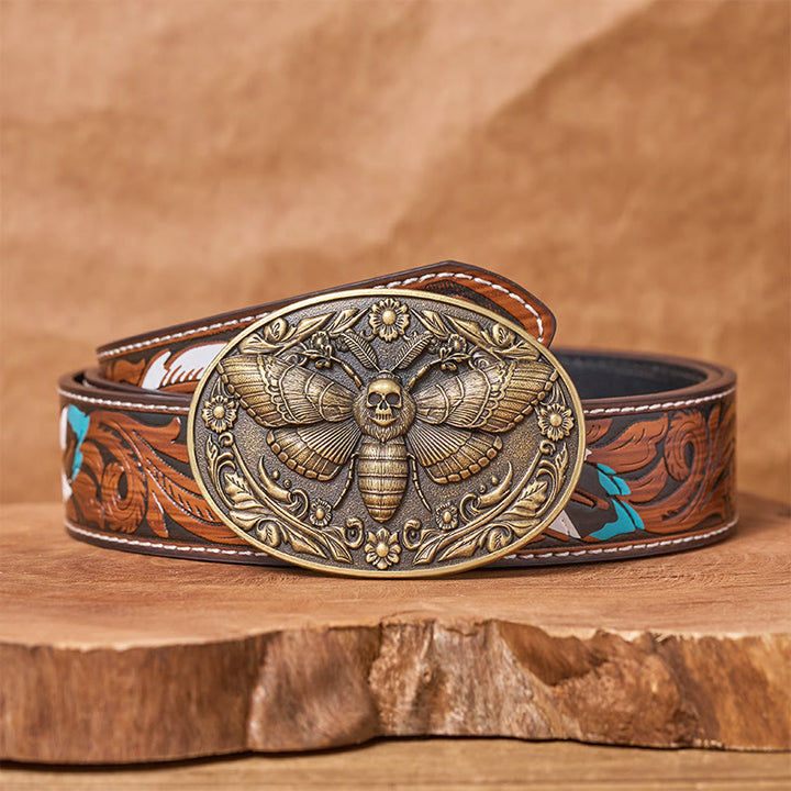 Dark Elegance Skull-Headed Moth Buckle Leather Belt - Bronze - Brown Feather Belt - 40 - image 7