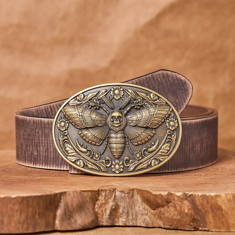 Dark Elegance Skull-Headed Moth Buckle Leather Belt - Bronze - Brown Distressed Belt - 42 - image 5