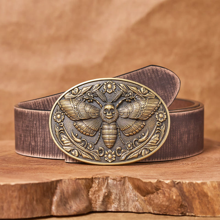 Dark Elegance Skull-Headed Moth Buckle Leather Belt - Bronze - Brown Distressed Belt - 42 - image 5