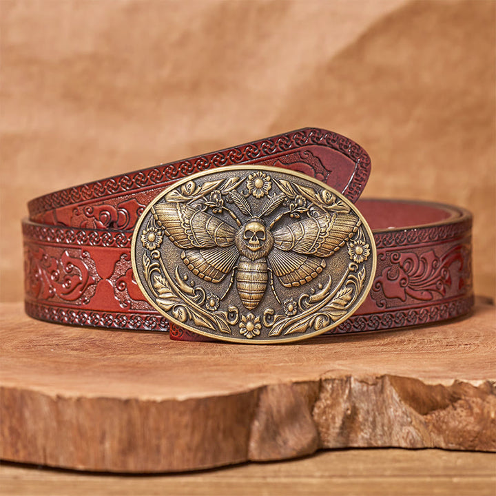 Dark Elegance Skull-Headed Moth Buckle Leather Belt - Bronze - Brown Carved Belt - 42 - image 6