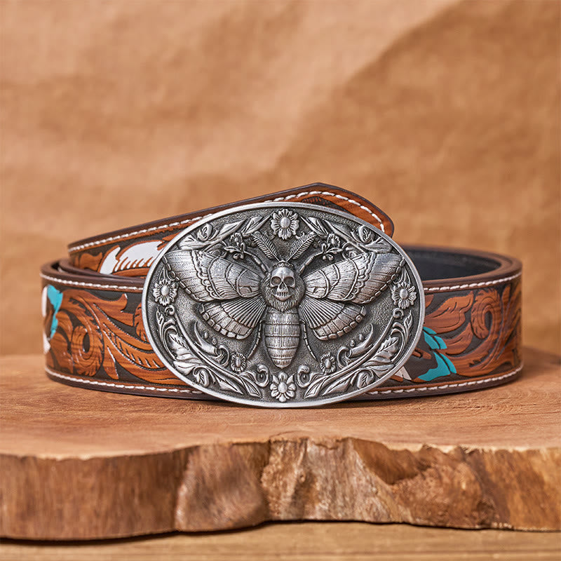 Dark Elegance Skull-Headed Moth Buckle Leather Belt - Silver - Brown Feather Belt - 40 - image 15