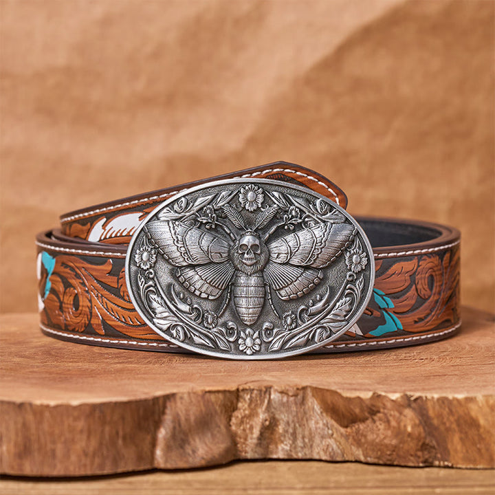 Dark Elegance Skull-Headed Moth Buckle Leather Belt - Silver - Brown Feather Belt - 40 - image 15