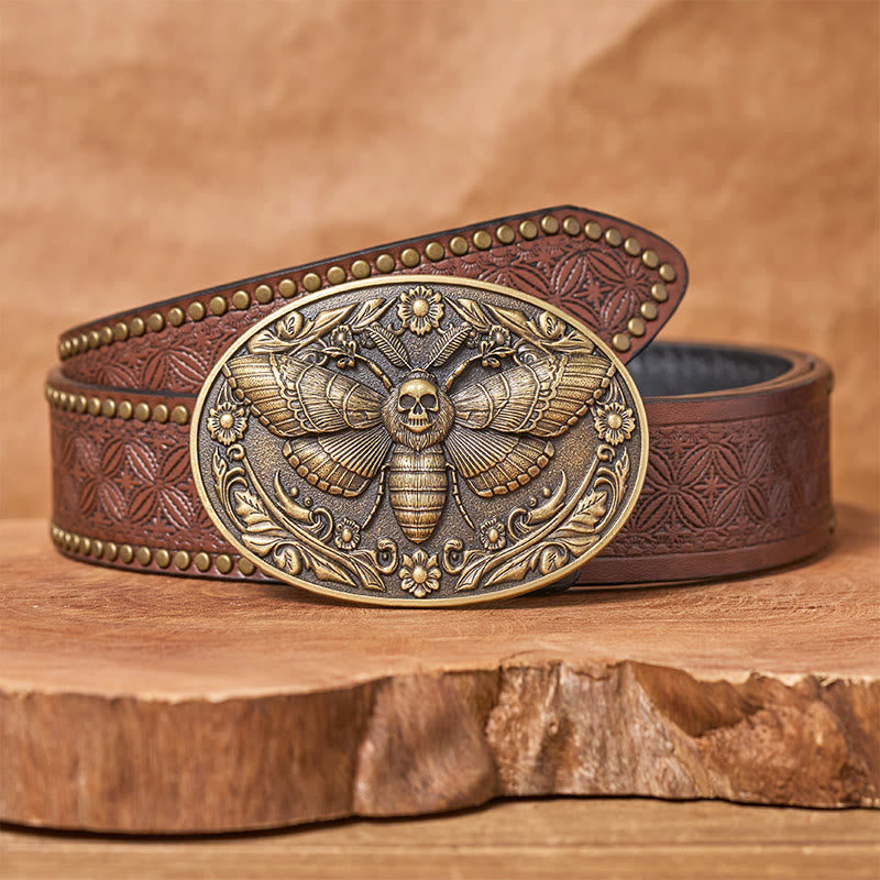 Dark Elegance Skull-Headed Moth Buckle Leather Belt - Bronze - Brown Rivet Belt - 42 - image 4