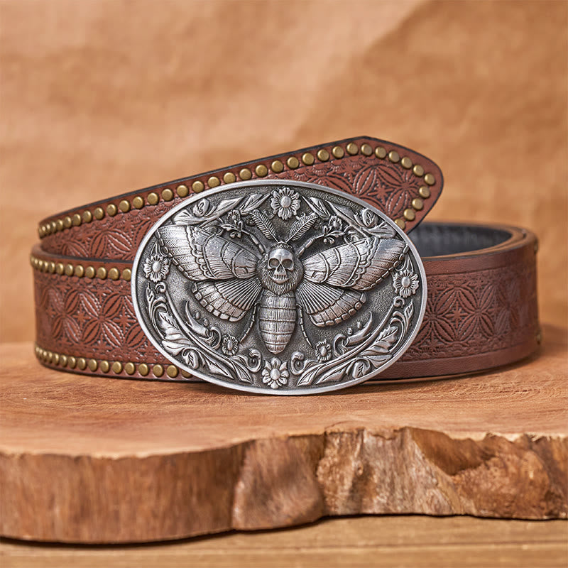 Dark Elegance Skull-Headed Moth Buckle Leather Belt - Silver - Brown Rivet Belt - 42 - image 12
