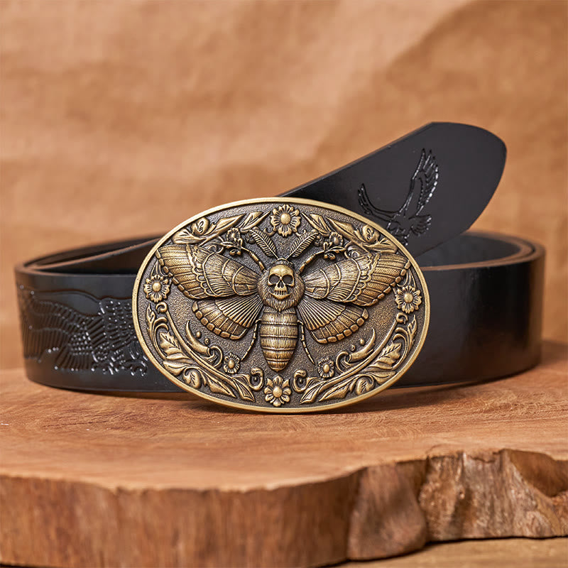 Dark Elegance Skull-Headed Moth Buckle Leather Belt - Bronze - Black Embossed Eagle Belt - 42 - image 2