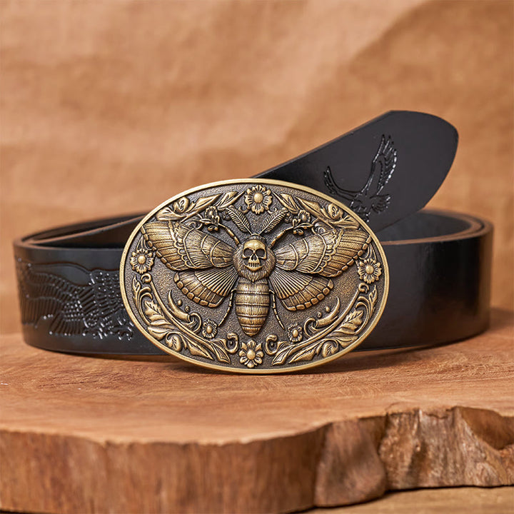 Dark Elegance Skull-Headed Moth Buckle Leather Belt - Bronze - Black Embossed Eagle Belt - 42 - image 2