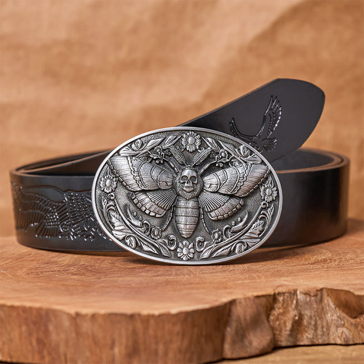 Dark Elegance Skull-Headed Moth Buckle Leather Belt - Silver - Black Embossed Eagle Belt - 42 - image 10