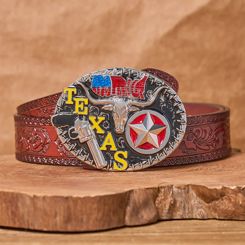 Texas Style Longhorn & Star DIY Buckle Leather Belt - Texas Longhorn - Brown Carved Belt - 42 - image 6