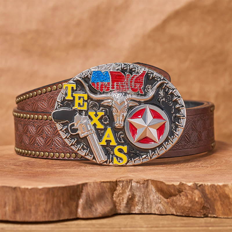 Texas Style Longhorn & Star DIY Buckle Leather Belt - Texas Longhorn - Brown Rivet Belt - 42 - image 4