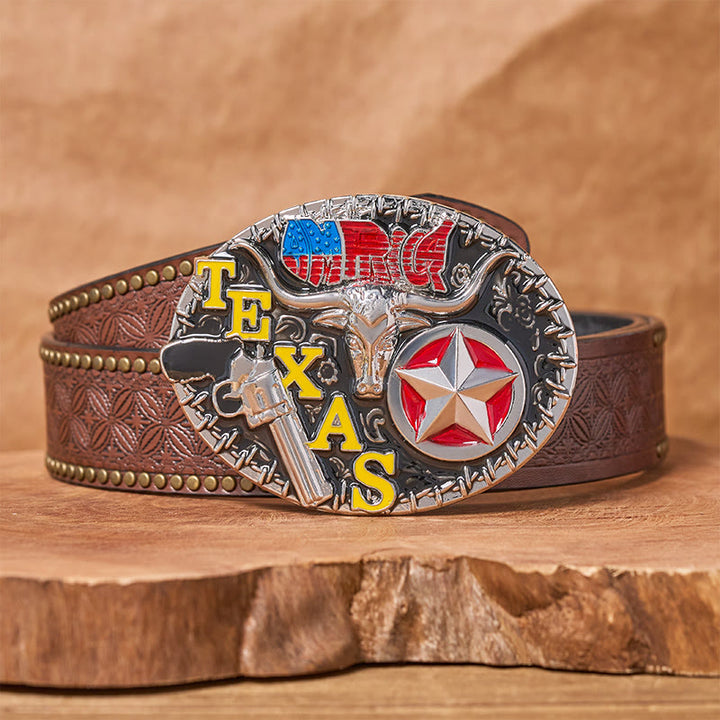 Texas Style Longhorn & Star DIY Buckle Leather Belt - Texas Longhorn - Brown Rivet Belt - 42 - image 4
