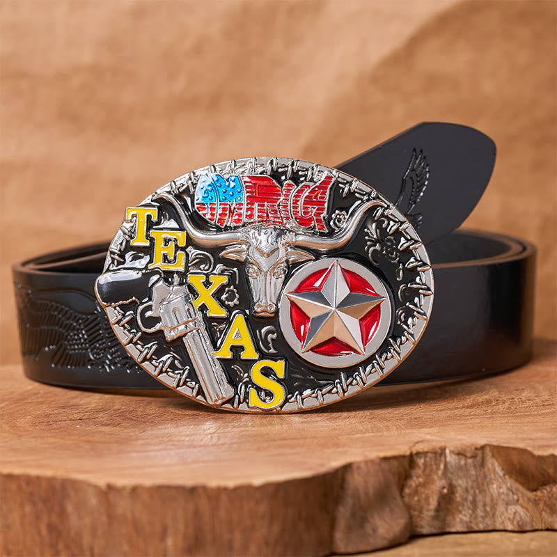 Texas Style Longhorn & Star DIY Buckle Leather Belt - Texas Longhorn - Black Embossed Eagle Belt - 42 - image 2