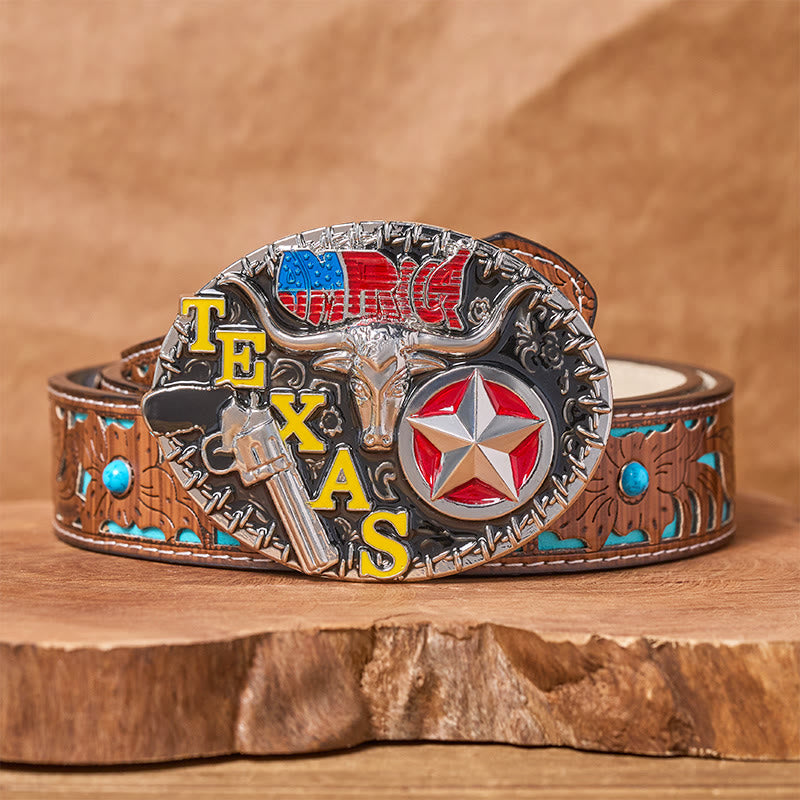 Texas Style Longhorn & Star DIY Buckle Leather Belt - Texas Longhorn - Turquoise Carved Belt - 42 - image 3