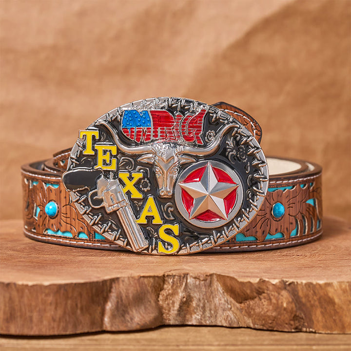 Texas Style Longhorn & Star DIY Buckle Leather Belt - Texas Longhorn - Turquoise Carved Belt - 42 - image 3
