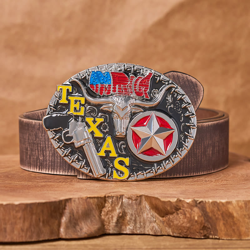 Texas Style Longhorn & Star DIY Buckle Leather Belt - Texas Longhorn - Brown Distressed Belt - 42 - image 5
