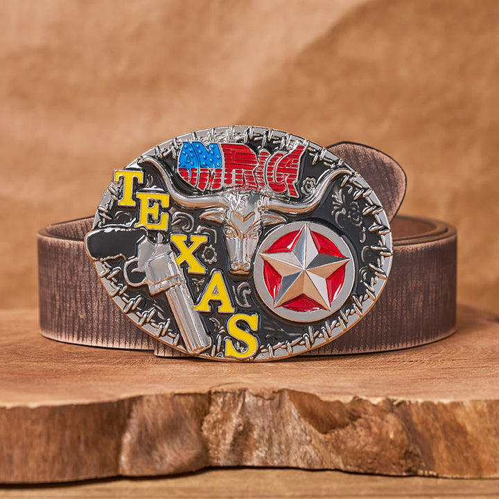 Texas Style Longhorn & Star DIY Buckle Leather Belt - Texas Longhorn - Brown Distressed Belt - 42 - image 5