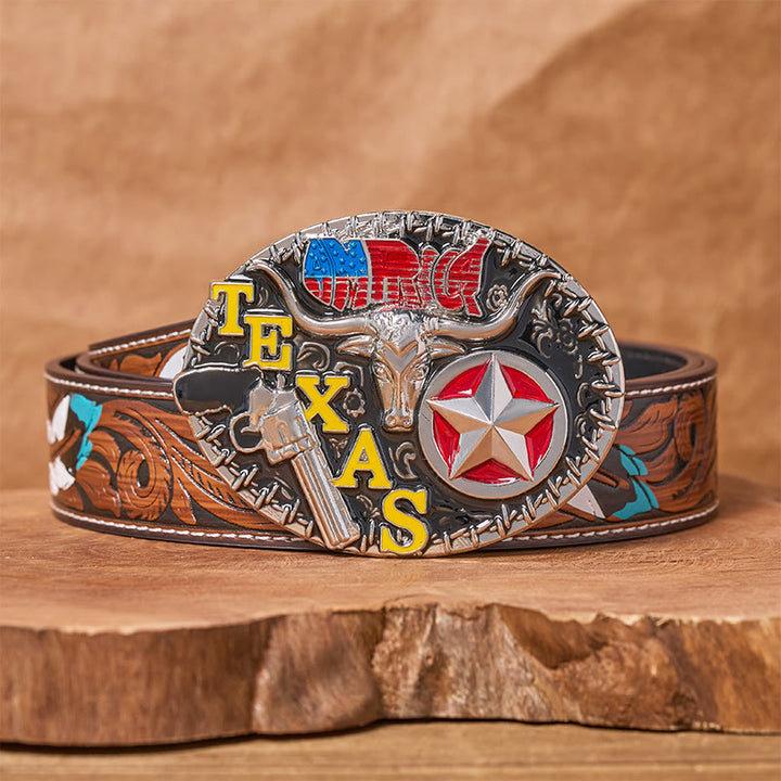 Texas Style Longhorn & Star DIY Buckle Leather Belt - Texas Longhorn - Brown Feather Belt - 40 - image 7