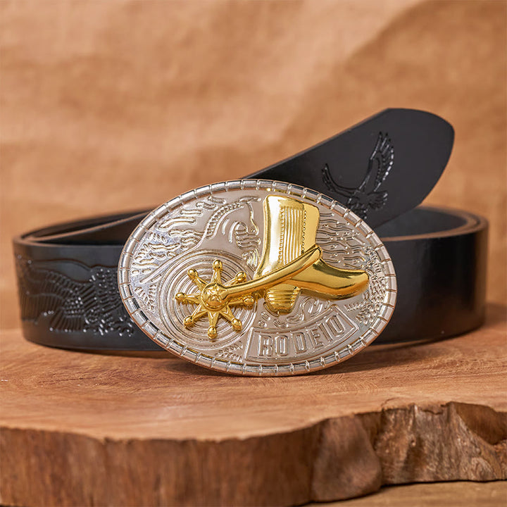 Rotating Star Rodeo Boots DIY Buckle Leather Belt - Cowboy Boots - Black Embossed Eagle Belt - 42 - image 2